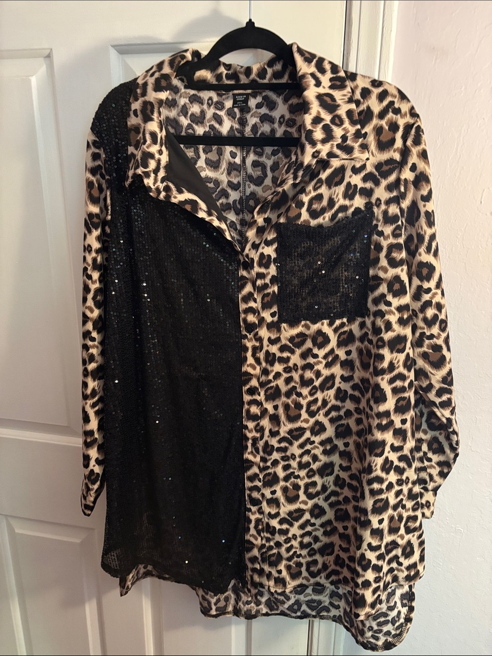 SHEIN Leopard Print Button-Down Shirt with Black Sequin Panel